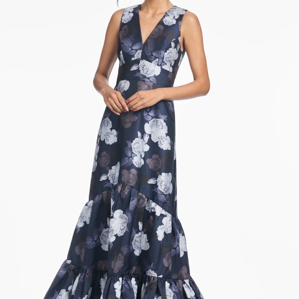 Sachin + Babi Rori Gown. Navy Floral V-Neck Tiered Gown